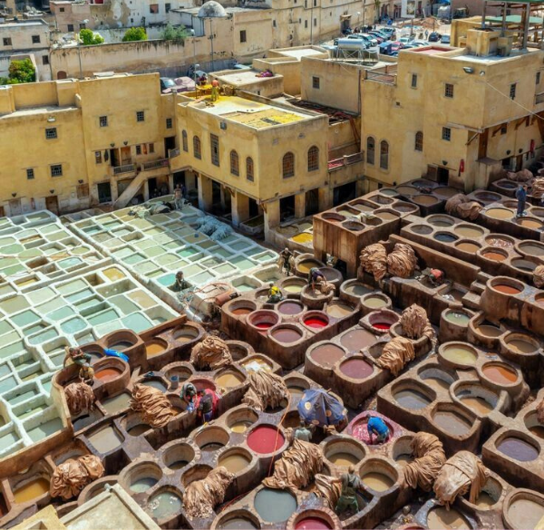 Leather dyeing vats at Tannerie Chouara, the historic tannery in Fez, Morocco