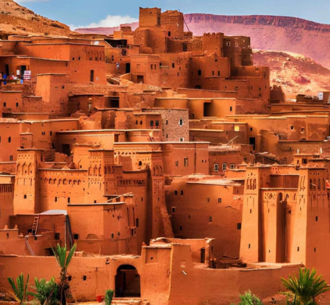 Panoramic view of Ait Benhaddou kasbah, a UNESCO World Heritage site in Morocco