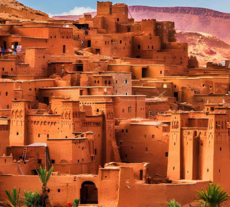 Panoramic view of Ait Benhaddou kasbah, a UNESCO World Heritage site in Morocco
