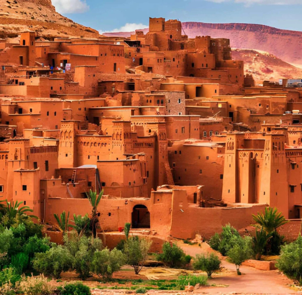 Panoramic view of Ait Benhaddou kasbah, a UNESCO World Heritage site in Morocco